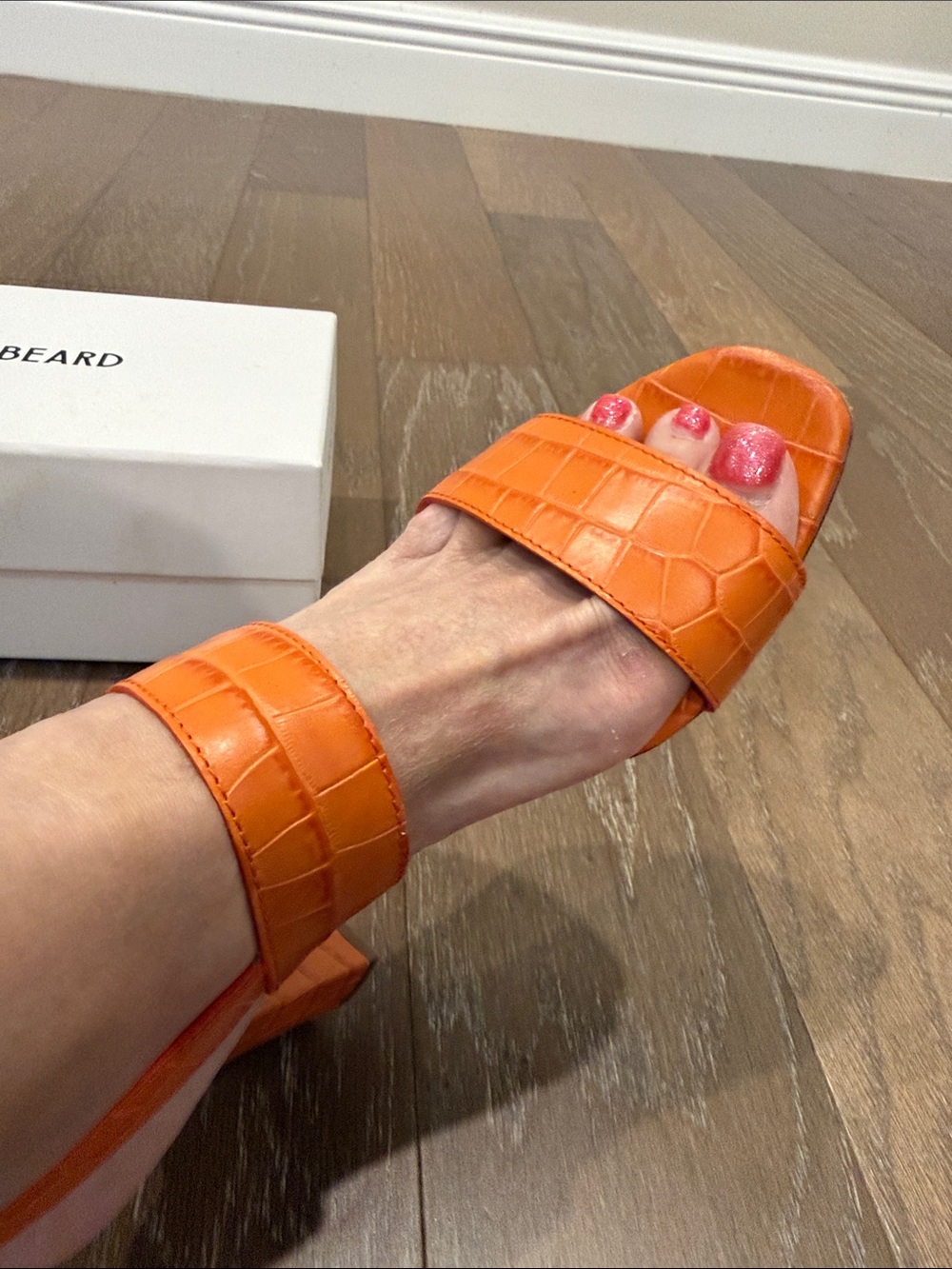 LK Bennett Orange Croc-Embossed Block Heel Sandals - Picture 11 of 11